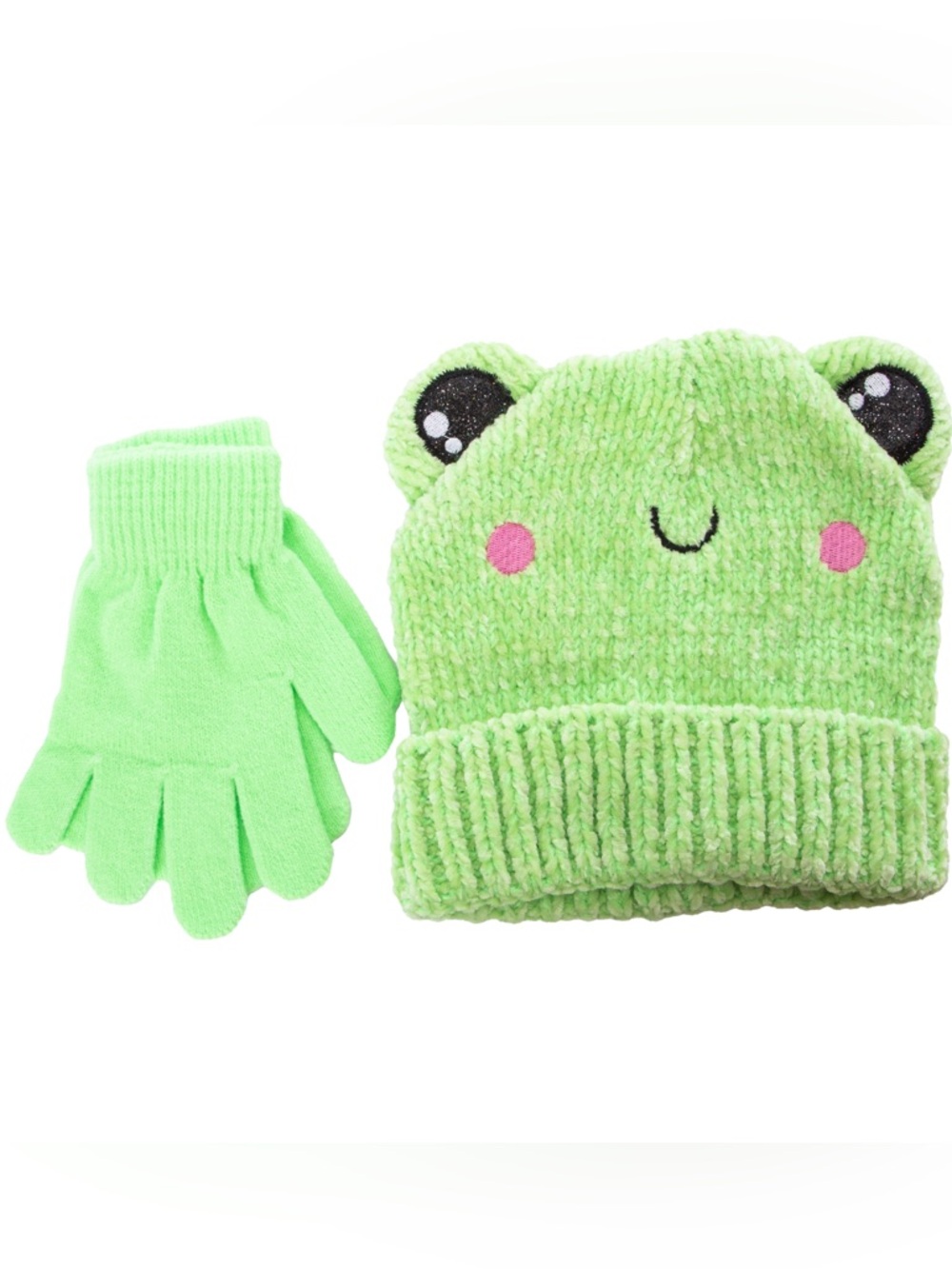 Kids Green Frog Knit Hat and Gloves Set